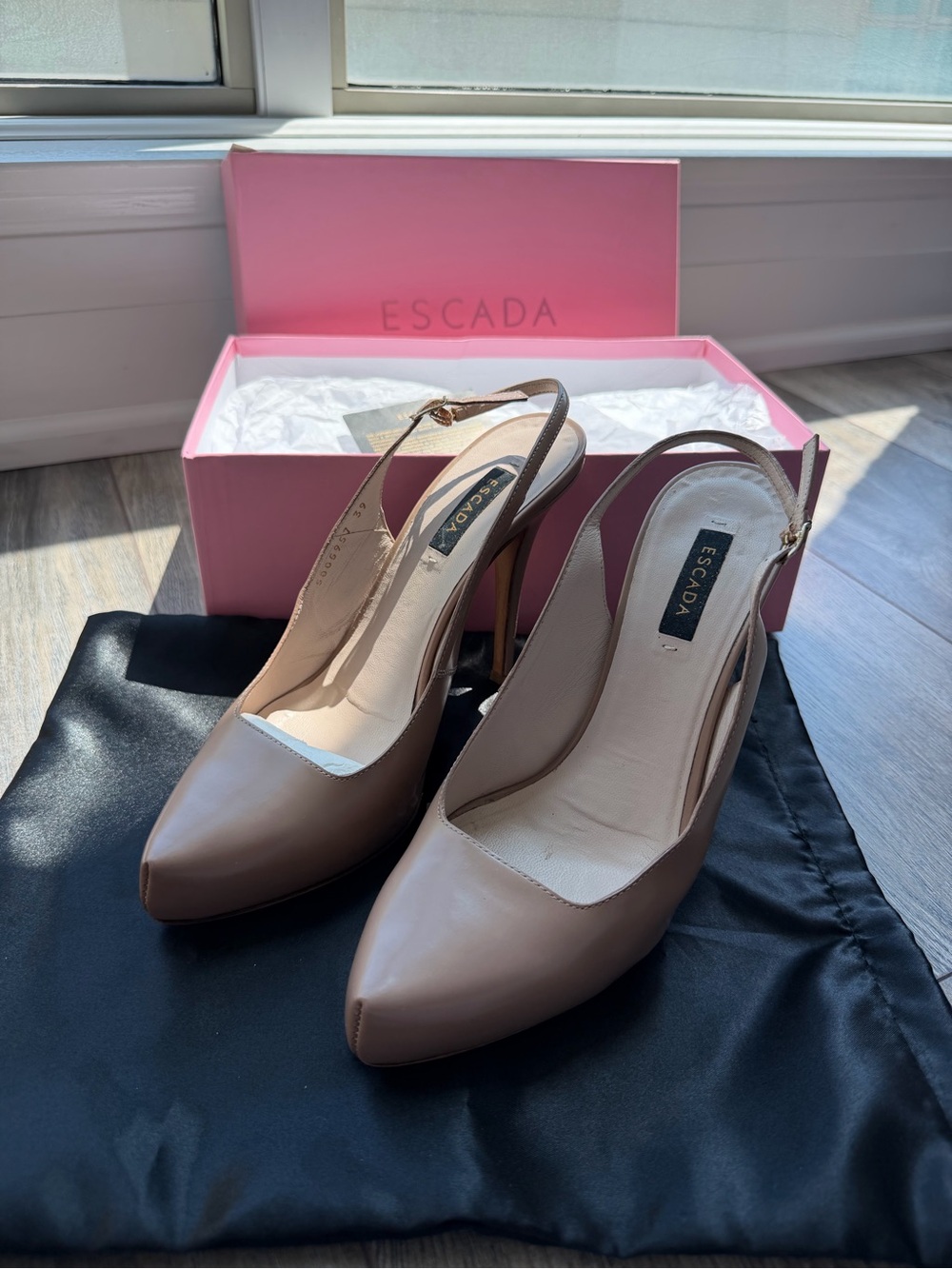 Escada Taupe Slingback Pointed-Toe Leather Heels